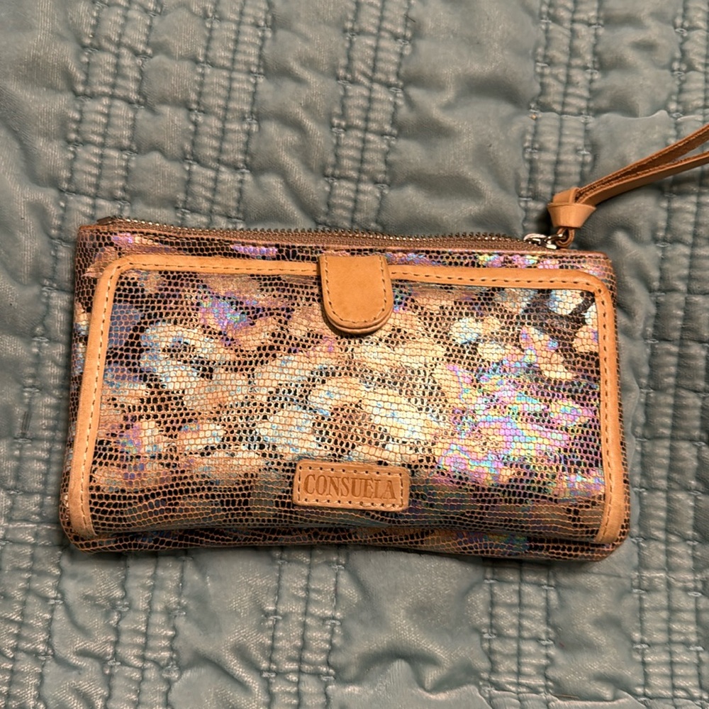 Consuela Iris slim wallet, Textured leather with iridescent jag print exterior.